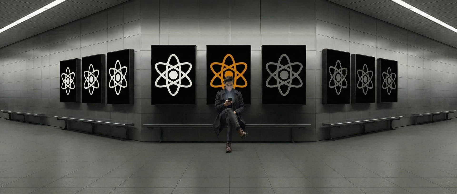 A person sits in a metro station in front of a wall of illuminated panels, one of them glowing orange